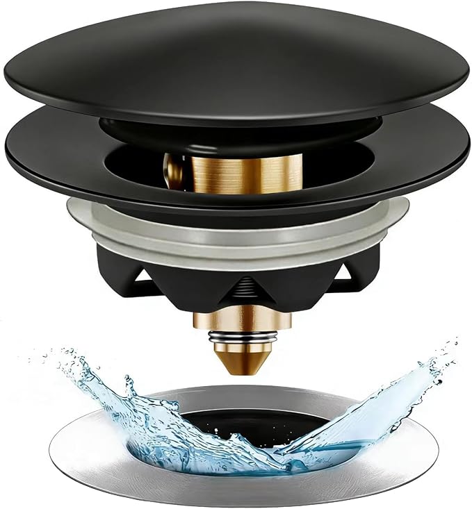 Anlige Bathtub Drain Stopper, Pop Up Tub Stopper and Cover, Bottom with Hair Catcher, Universal for 1.45 to 1.8in Drain, Replaces Old Drain Plug, Matte Black