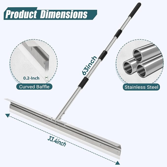 Heavy-Duty 33.4" Floor Squeegee for Concrete, Industrial Silicone Blade Squeegee for Floor with 63" Stainless Handle, Anti-Splash Curved Baffle Design for Garage, Factory, and Tough Cleaning Jobs