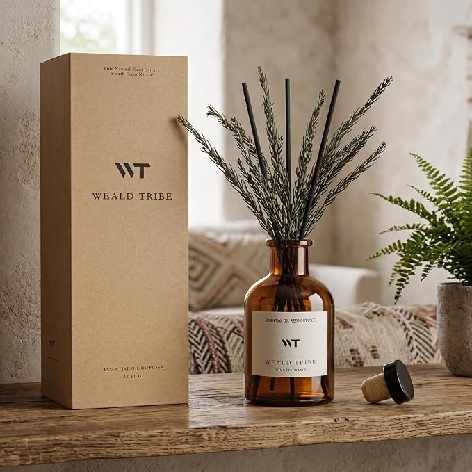 Reed Diffuser Set for Bathroom Air Fresheners, Oil Diffuser Sticks with Flower | Balsam Fir Scent 4.0 fl oz Home Fragrance with Sticks Defusers | House Bedroom Office Shelf Decor