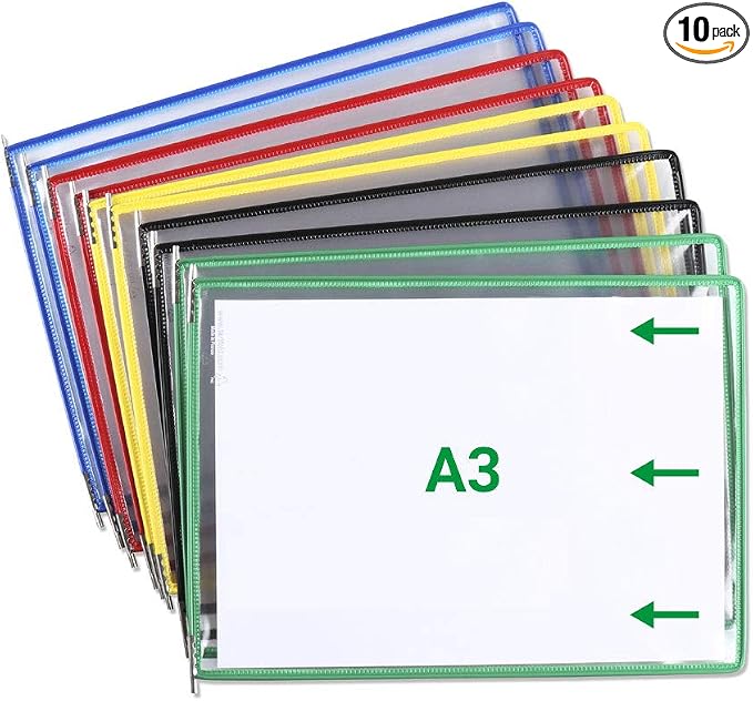 Tarifold Replacement PVC Pivoting Pockets, A3 Landscape, Assorted, 10 Pack | 10 PVC pockets, holds up to 20 sheets, A3 size paper, landscape orientation, snap-on index tabs, top-loading