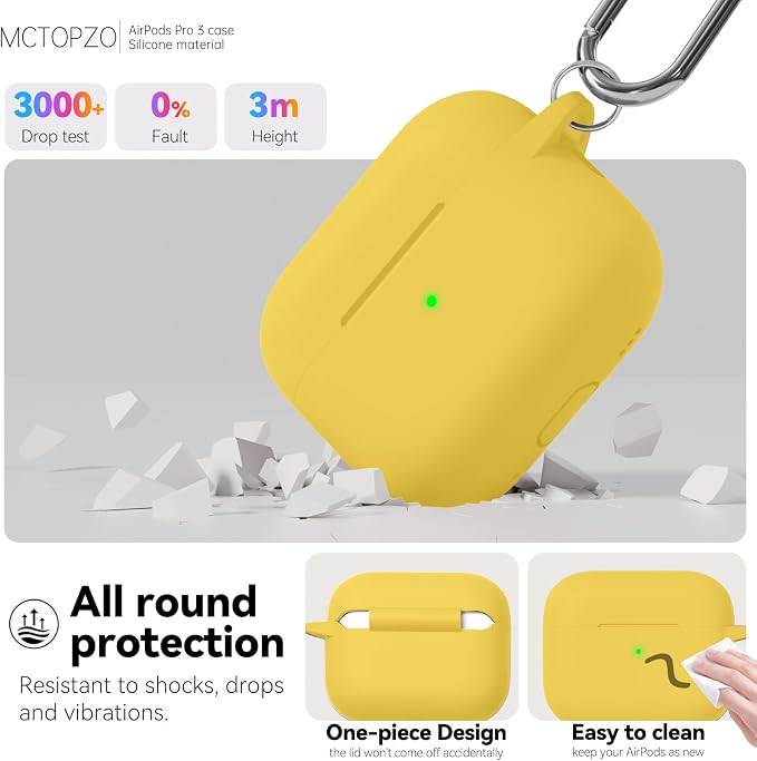 Case for AirPods Pro 3 2025,Come with Cleaner Kit,Yellow | Silicone Protective Cover for Airpod Pro 3rd Generation Case with Keychain,for Women Men,One-Piece Design,Shockproof