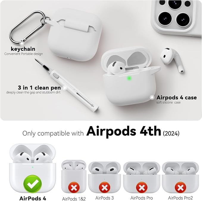 for AirPods 4 Case 2024 with Cleaner Kit & Keychain-White | Silicone Protective Cover for Apple AirPods 4th Generation Case,for Women Men,One-Piece Design,Shockproof,Dust Proof