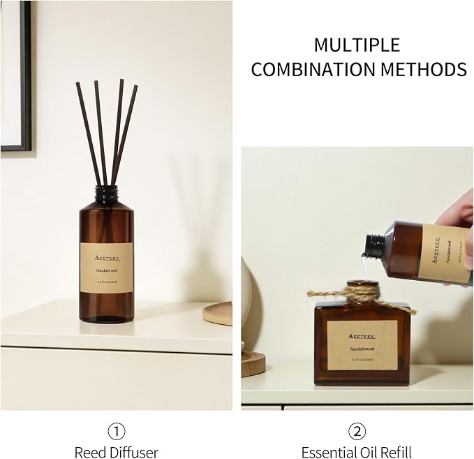 Sandalwood Reed Diffuser, Woody Essential Oil Refill | 6.8 Fl Oz (200ml) Scented Diffusers, Bathroom Air Freshener with Diffuser Sticks, Long-Lasting Fragrance for Home Decor
