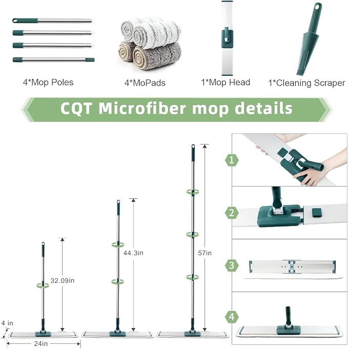 CQT Commercial Flat Microfiber Floor Mop Cleaning System 24" Inch Wet Dry and Dust Hardwood with 4 Washable Pads Cleaner for Laminate Tile Stainless Steel Handle and Extension (PT14 Green)