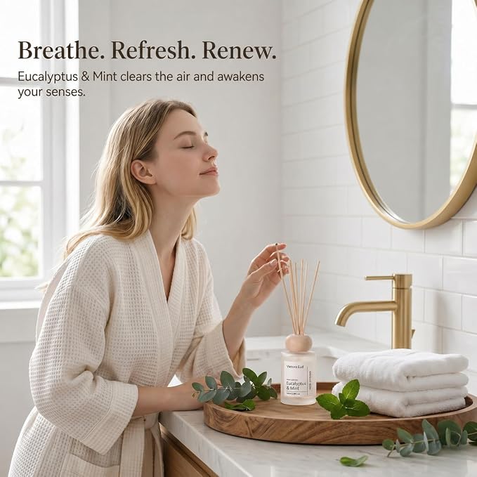 Eucalyptus & Mint Reed Diffuser, 3.5 Fl Oz | Invigorating eucalyptus and mint scent; long-lasting reed diffuser gift set for bedroom, bathroom, living room or office.