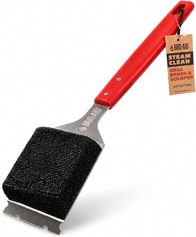Bristle Free Grill Brush Cleaner and Scraper for Barbecue, Replaceable Head | Safe Bristle-Free Stainless Steel Scrub Pad with Heavy-Duty Scraper & Long Red Handle, Safe on Any Grill Grate