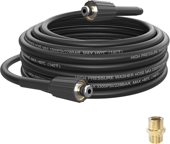 PVC Pressure Washer Hose 25 FT x 1/4", Kink Resistant Power Washer Hose, High Pressure Water Hose Extension Replacement for Home Use with M22-14mm Brass Fittings, 3300 PSI, Black