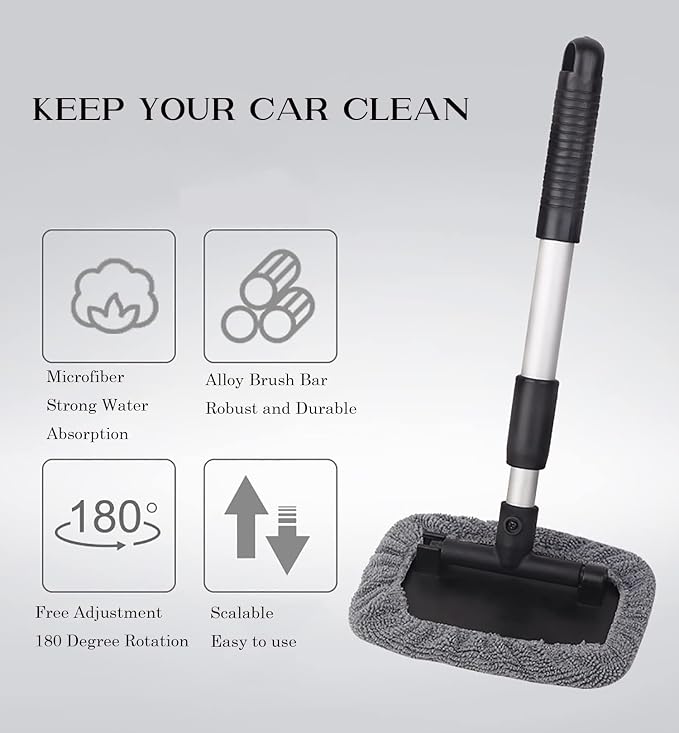 Car Glass Cleaner Wiper,Car Windshield Cleaning Tool, Microfiber Car Window Cleaner with Extendable Handle,Auto Glass Wiper Kit(Gray Square)