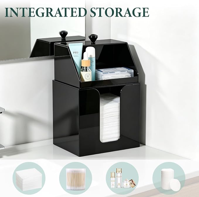 Anyoifax Disposable Facial Towels Storage Double Layer Acrylic Box, Black | Face Towelettes Holder with Clean Skin Club Clean Towel XL Cotton Pads Container Qtip Bin for Bathroom Counter