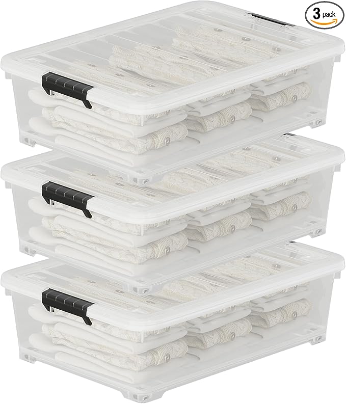 52 Quart Large Plastic Underbed Latching Storage Box, Clear Wheeled Under Bed Storage Bins, 3 Packs