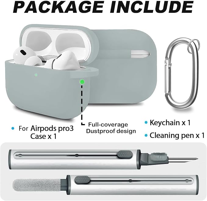 Full-Coverage dustproof Design for AirPods Pro 3 Case Cover with Cleaner Kit, Soft Silicone Cover for AirPods Pro 3rd Generation Comes with Keychain,Suitable for 3rd Generation Case,Gray