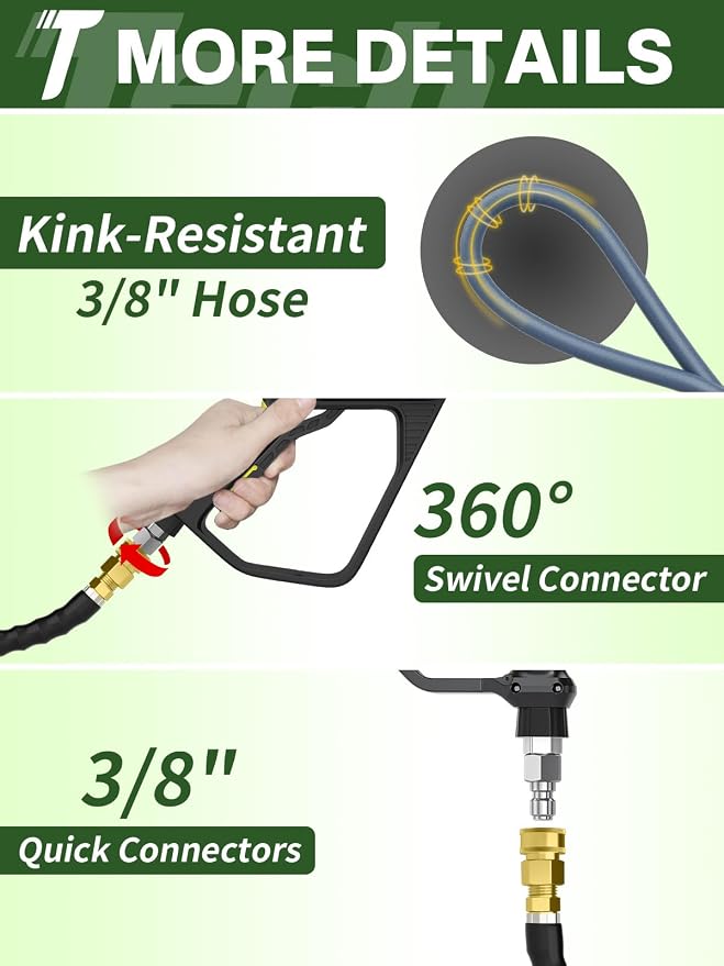 3/8" 4800PSI Pressure Washer Hose 25FT with Swivel Quick Connect for Cold/Hot Water Max 248°F, Kink Resistant Steel Wire Braided, Wear Resistant Power Washer Hose with M22 14mm Adapter