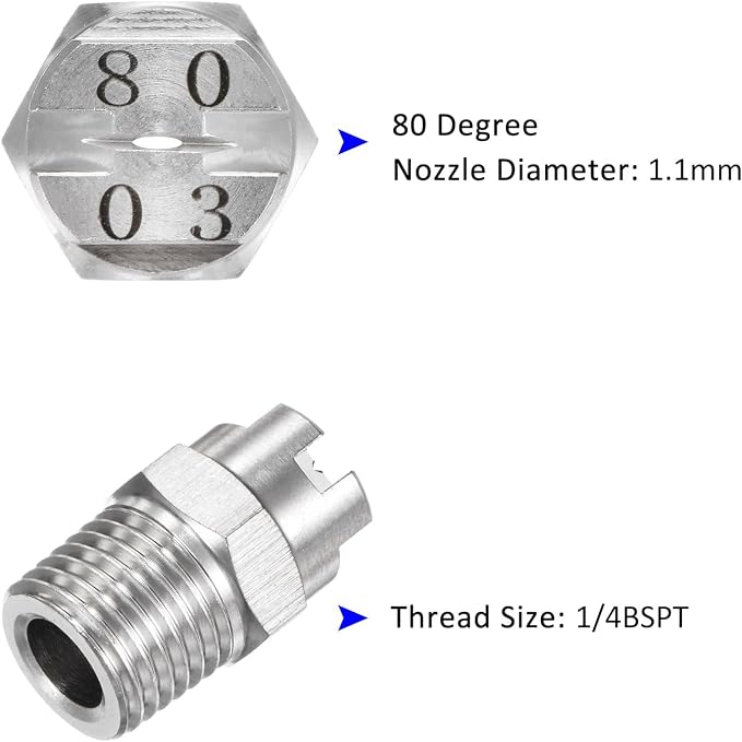 M METERXITY 5-Pack Flat Fan Spray Tip, 80 Degree 1/4BSPT Male Stainless Steel Pressure Washer Nozzles Cleaner Nozzle Replacement W Sealing Tape for Water Guns (1.1mm Orifice)