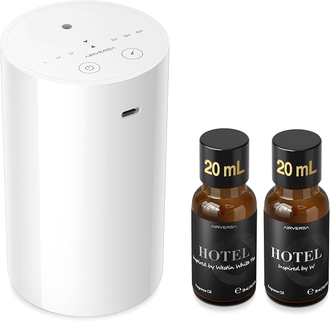 Airversa AN8 Waterless Essential Oil Diffuser Starter Kit, White | 2X20 mL W+WST Hotel Scent Fragrance Oil, Up to 600 sq ft, Battery Operated, Portable for Home Car Office, AN8Kit-2x20-W