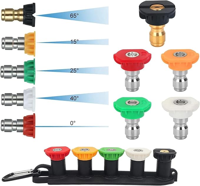 Pressure Washer Spray Nozzle Tip Set with 5 Multiple Degrees Nozzle,1/4" Quick Connect, 2.5 GPM, Rated Up to 4500 PSI (0, 15, 25, 40, 65 Degrees)