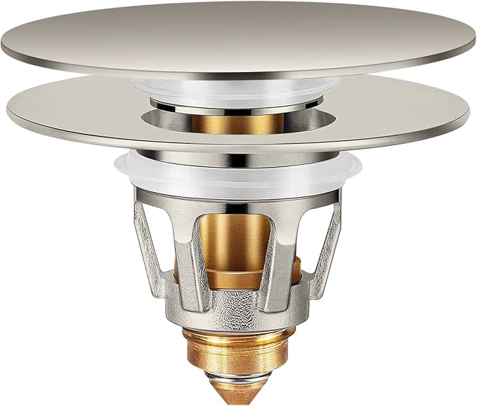 Universal Bathroom Sink Stopper with Hair Catcher, for 1.04-1.97 Inch Drain Hole, Spring Core Bathtub Drain Cover, Pop Up Sink Plug Basin Drain Strainer, Large Lid Brushed Nickel