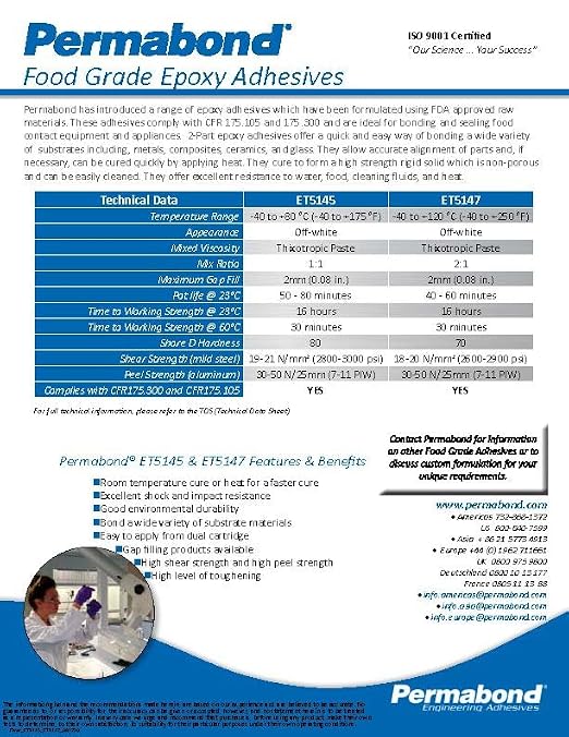 Permabond ET5147 Food Grade Epoxy Adhesive, Two-Part Bonding Kit, 40-60 Min Set Time, Off White (Cartridge + Nozzle, 400ML)