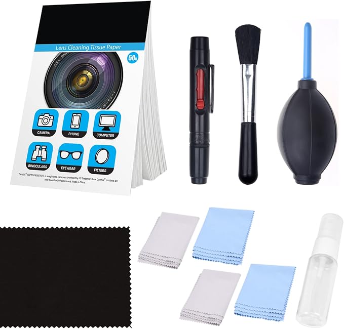 CamKix Camera Lens Cleaning Kit, Air Blower, 2-in-1 Lens Cleaning Pen | Cleaning Brush, Empty Spray Bottle, Lens Cleaning Paper Tissues and 5 Microfiber Cloths; No Liquid Included.