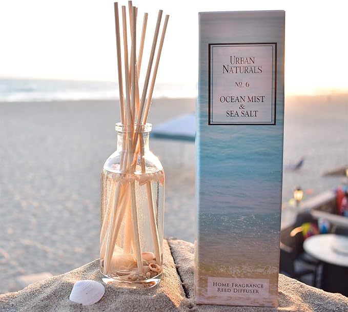 Reed Diffuser Set, Ocean Mist & Sea Salt - Bathroom Décor | Made with Essential Oils & Real Seashells, Decorative Air Freshener Room Diffuser
