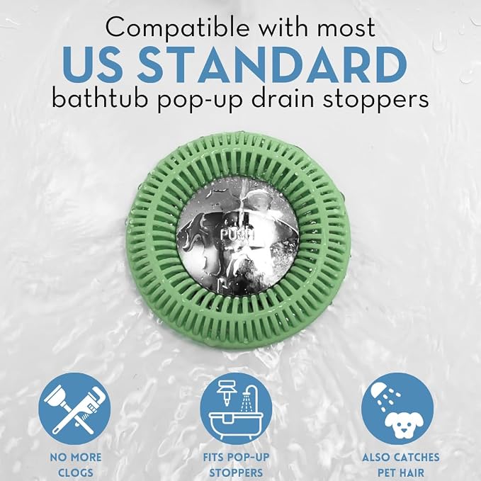 TubRing Pop-Up Drain Protector & Strainer Silicone Hair Catcher, Sage Green | Easy snap-in design fits around bathtub stoppers. Customizable utility guard for clog prevention. Fits 1.85"- 2.16" drains.