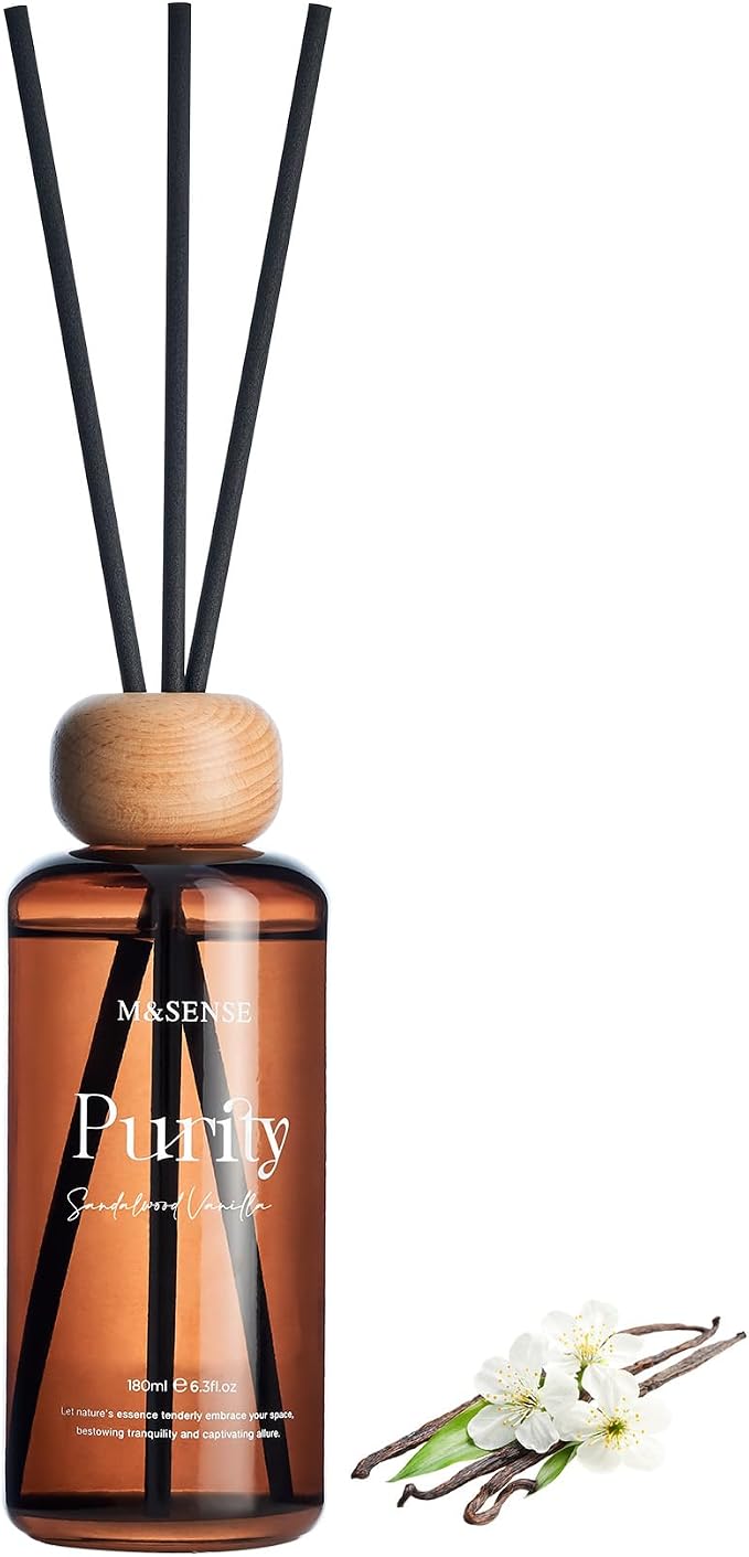 M&SENSE Reed Diffuser, Sandalwood Vanilla, 6.3 oz Natural Essential Oil | Non-Toxic Organic, Long-Lasting Fragrance, Ideal for Meditation Room, Bedroom, Gifts for Women