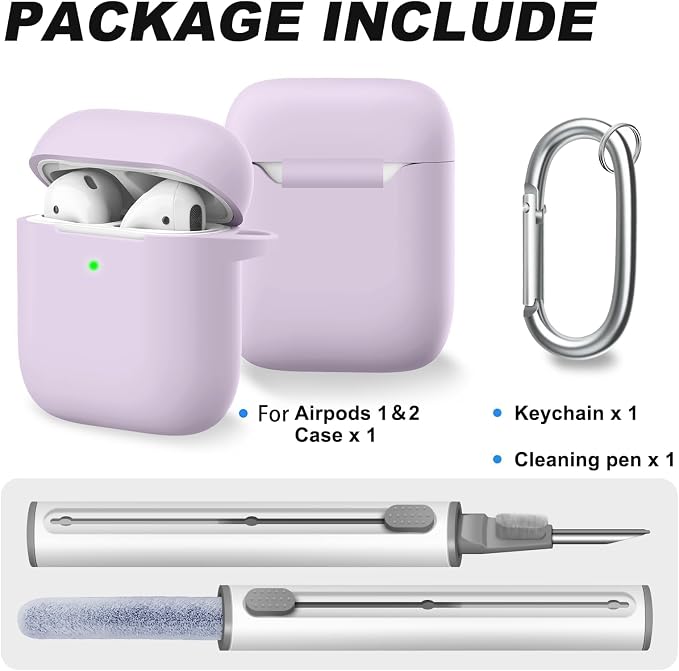 for AirPods 1/2 Case Cover,Come with Cleaner Kit,Soft Skin Silicone Case Cover with Keychain,Full Protective Case for Men and Women,Compatible with AirPods 2nd Generation Case,Lavender