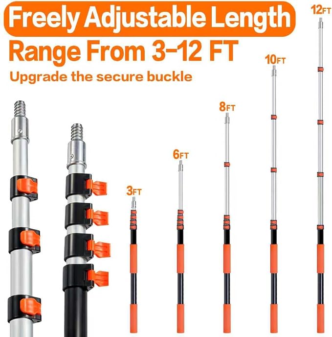 20FT High Reach Duster Cleaning Kit with 5-13 FTExtension Pole, High Ceiling Fan Cleaner Duster Tool for Fan Blades, Extendable Reusable Cobweb, Feather, Window Cleaning Squeegee Kit (12FT)