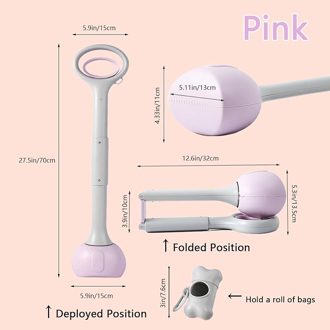 Pooper Scooper with Long Handle 28”, Heavy Duty & Foldable, No Touch Waste Pickup Tool for Large Medium Small Dogs,Portable for Lawn Grass Dirt Gravel, Includes 1 Rolls Waste Bags (Pink-Large)