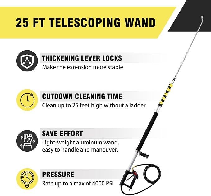 25 FT Pressure Washer Telescoping Wand with Extension Wands | Gutter Cleaner Attachment, 7 Spray Nozzle Tips, 2 Hose Inlet Adapters, Pivoting Coupler and Support Harness