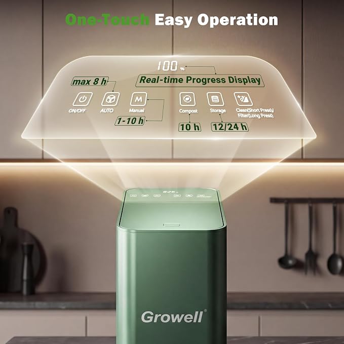 Growell 3.2L Smart Electric Composter, Countertop Food Waste Indoor Bin | Indoor Kitchen Compost,LED Display,Odorless & Low Noise,Auto-Cleaning,One-Touch Operation,Turns Waste to Fertilizer Quickly