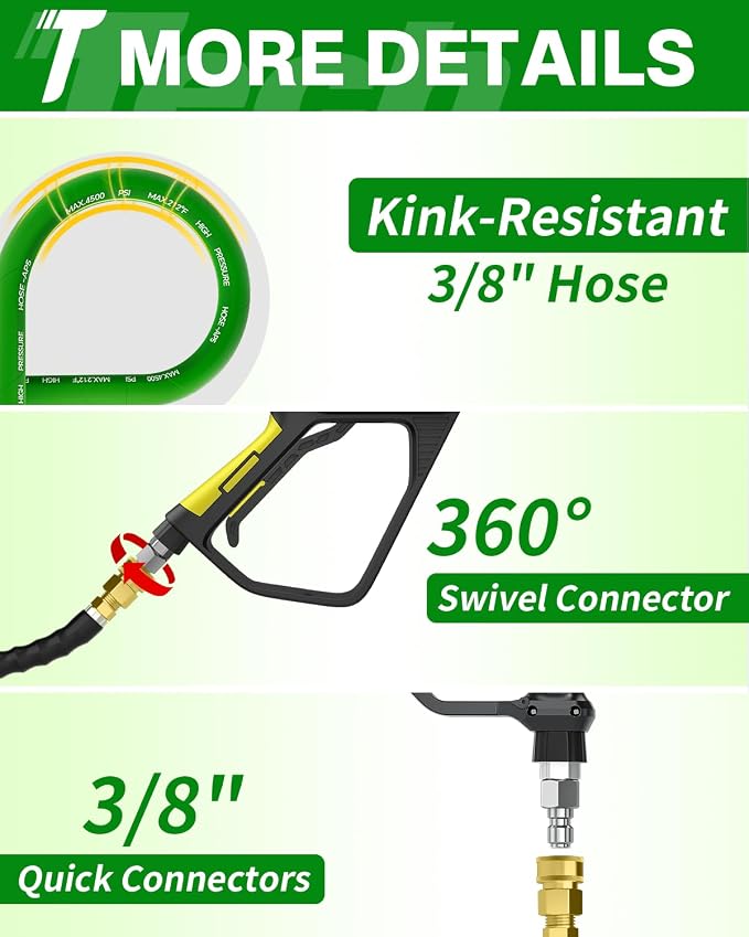 Pressure Washer Hose 100FT 3/8" for Cold and Hot Water 212°F, with Swivel Quick Connect, 4500PSI Kink Resistant Grade Steel Wire Braided, Power Washer Hose With 2pcs M22-14mm Adapter