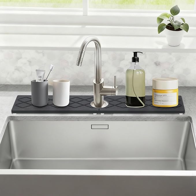 Diatomite Sink Splash Guard, Faucet Mat for Kitchen Sink 30" x 4", Super Absorbent Quick Drying Stone Mat, Faucet Splash Guard for Bathroom Counter, Matte black