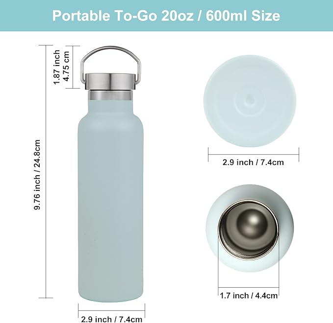 Neihepal 20 oz Insulated Water Bottles Bulk 8 Pack,Stainless Steel Double Wall Sport Bottle with Lid of Handle,Metal Reusable Flask with Cup Cap for School,Hikers,Gift (Fog,Set of 8)