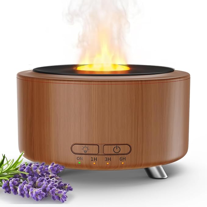 500ML Retro Vinyl Essential Oil Diffuser for Home | 3D flame effect & 9 colors. 500ml tank lasts 14H for deep sleep. BPA-free with auto-off ensures safety for babies and pets.