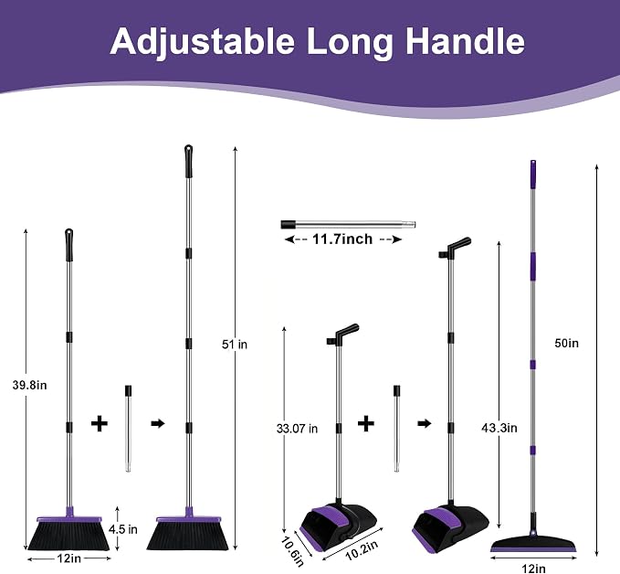 Broom and Dustpan Combo Set, 51" Long Handle Broom with Squeegee | Wet & Dry Cleaning for Pet Areas, Built-in Comb Dustpan, Foldable Space-Saving Storage, Multi-Surface Floor Cleaning