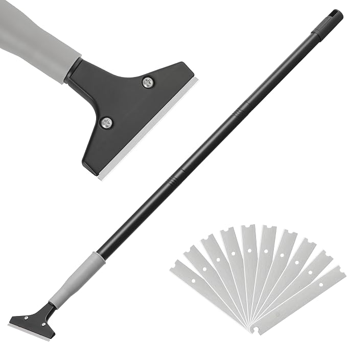 Luvenia Heavy Duty 4-Inch Razor Blade Floor Scraper, 50-Inch Long Handle | 10PCS Extra Metal Blades, Razor Scraper for Cleaning Glass, Windows, Showers, Tile, Ceilings