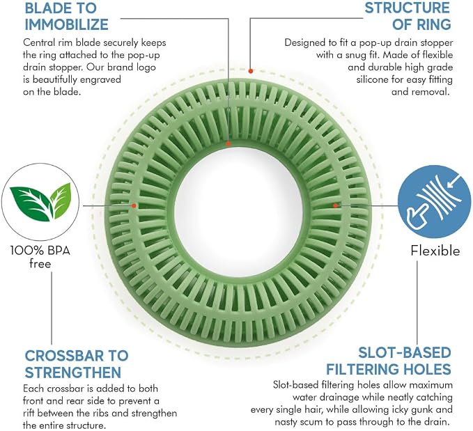 TubRing Pop-Up Drain Protector & Strainer Silicone Hair Catcher, Sage Green | Easy snap-in design fits around bathtub stoppers. Customizable utility guard for clog prevention. Fits 1.85"- 2.16" drains.