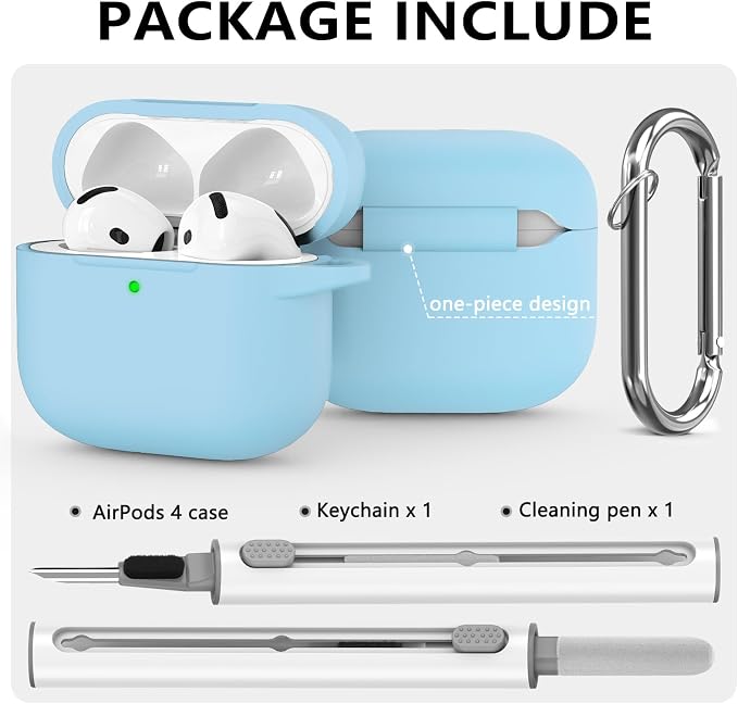 Ljusmicker for AirPods 4 Case 2024 with Cleaner Kit,Soft Silicone Protective Cover for Apple AirPods 4th Generation Cases for Women Men,for AirPod 4 Case Accessories with Keychain-Sky Blue