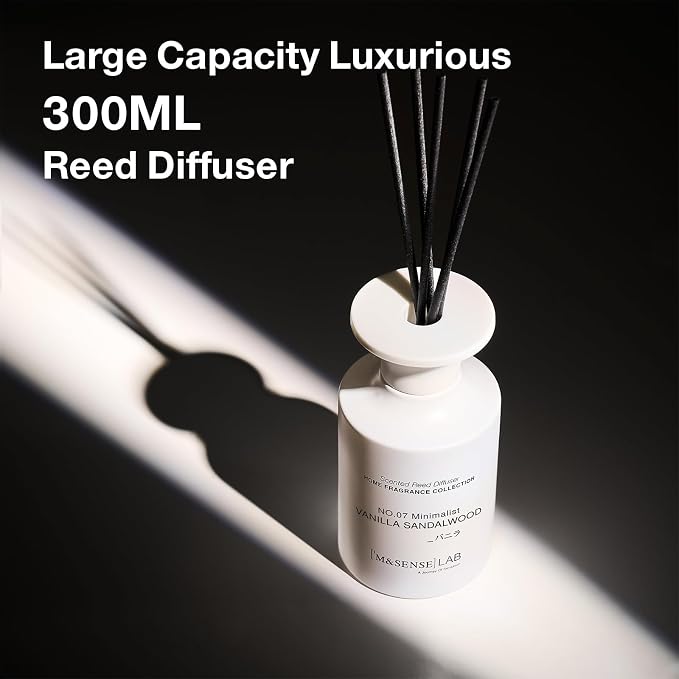 M&SENSE Minimalist Large Reed Diffuser 300ml, Vanilla Sandalwood Scented with Natural Essential Oils, Long Lasting with 7 Sticks, Non-Toxic Home Fragrance for Bedroom, Bathroom Decor