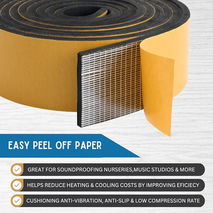 High Density Foam Weather Stripping Door Seal Strip Insulation Tape Roll for Insulating Door Frame, Window, Air Conditioner | Self Adhesive Sealing Weatherstrip (4 in x 1/4 in x 10 Ft, Black)
