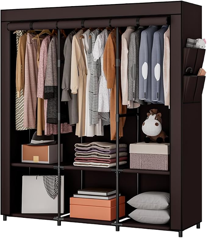 SORCEDAS Portable Closet Wardrobe with Hanging Rods Shelves Clothes Storage | 50 Inch Closet Organizers and Storage with Non-Fabric Cover,Freestanding Clothes Closet for Bedroom,dorm,Storage Rooms Coffee