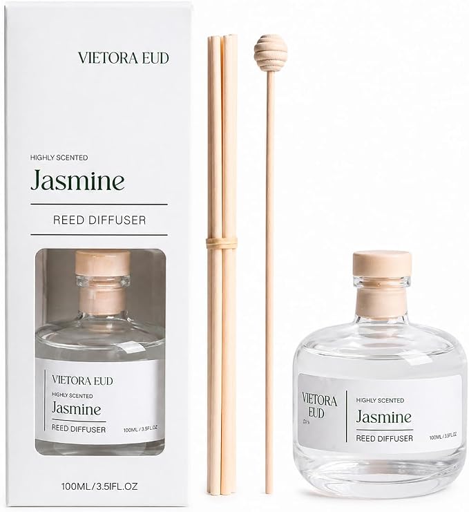 Jasmine Reed Diffuser, 3.5 Fl Oz | Floral Fragrance Lasts 12 weeks, Flameless & Safe. Perfect for bedroom/office. Natural oils, gift, 3.5 oz.