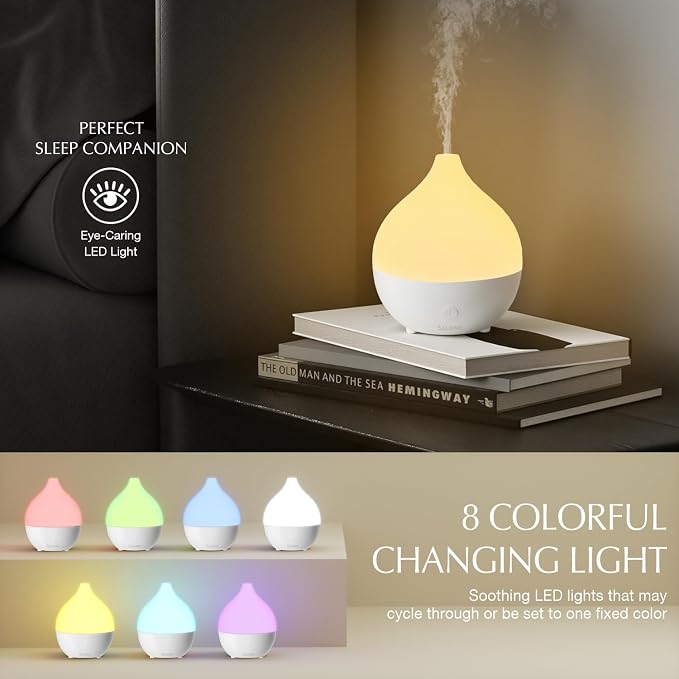SALKING Essential Oil Diffuser for Home, 100ml Small Aromatherapy Diffuser | Ultrasonic Diffusers for Essential Oils, 8 Color LED Lights, Cool Mist Humidifier, Auto Shut-Off, for Bedroom, Office, White