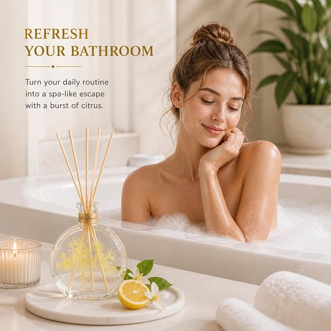 Citrus Reed Diffuser, 3.5 Fl Oz | Bright citrus scent; long-lasting reed diffuser gift set for bedroom, living room, bathroom or office relaxation.