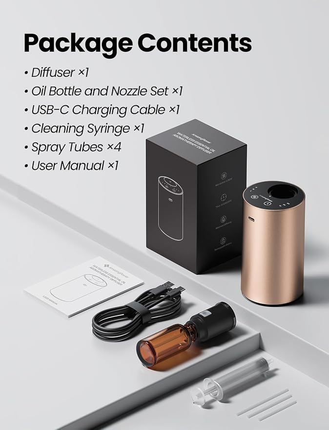 Waterless Essential Oil Diffuser, Car Scent Diffuser, Desert Titanium | Premium Aluminum Alloy Housing, Cordless, 3 Mist Levels, Timers, Portable Aromatherapy Diffuser for Home, Car & Office