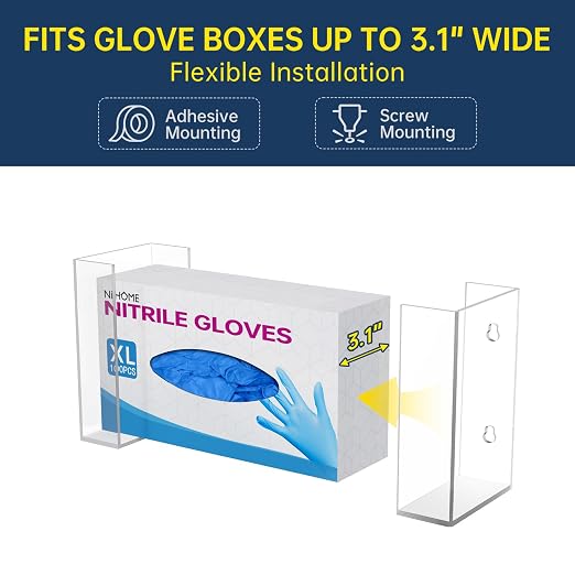 NiHome Clear Acrylic Glove Box Holder Tissue Box Dispenser, Wall Mount | Space-Saving Glove Box Dispenser, Adjustable Organizer for Tissues, Baby Wipes, Adhesive or Screw Mount for Kitchen, Bathroom
