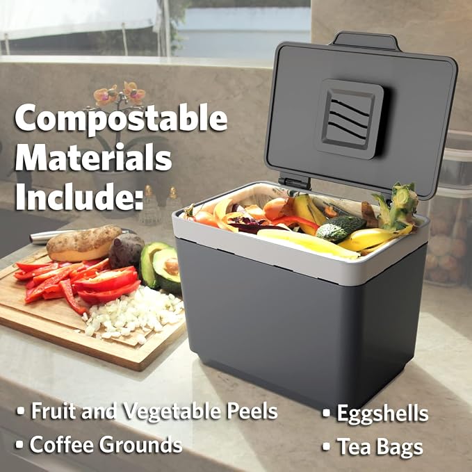 GLAD Compost Bin for Kitchen, 1.5 Gallon | Plastic Container with Removable Inner Basket, Bag Storage Holder, and Carbon Odor Blocking Filters, Gray