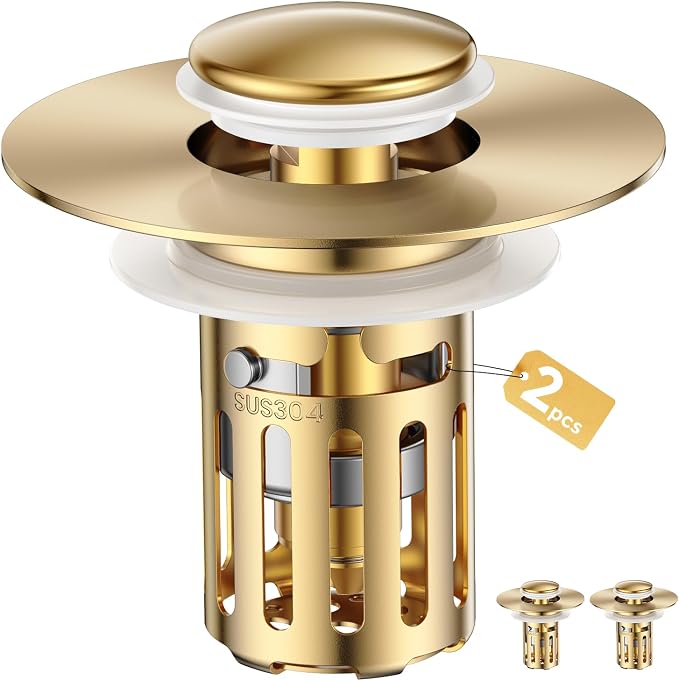 (2 Pc) 1s Installation - All Metal Bathroom Sink Stopper Fit 99% - 3 in 1 Universal Pop Up Stopper with Removable Stainless Steel Filter Basket Hair Catcher - Sink Stopper (Golden)