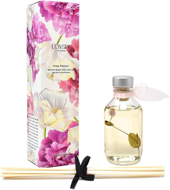 Reed Diffuser Set - Pink Peony Scented Diffuser with Sticks | Home Fragrance Reed Diffuser for Bedroom, Bathroom Shelf Décor, with Real Florals in the Bottle - Made in the USA