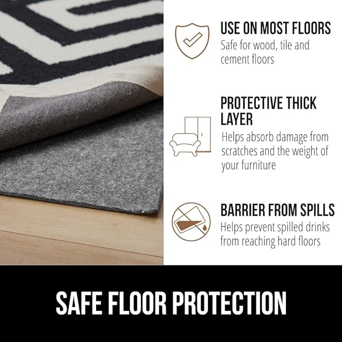 GORILLA GRIP Felt and Natural Rubber Stay in Place Slip Resistant Rug Pad, 1/8in Thick, 9x12 FT Protective Padding Under Area Rugs, Cushioned Gripper Pads, Carpet Runners, Hardwood Floors Protection
